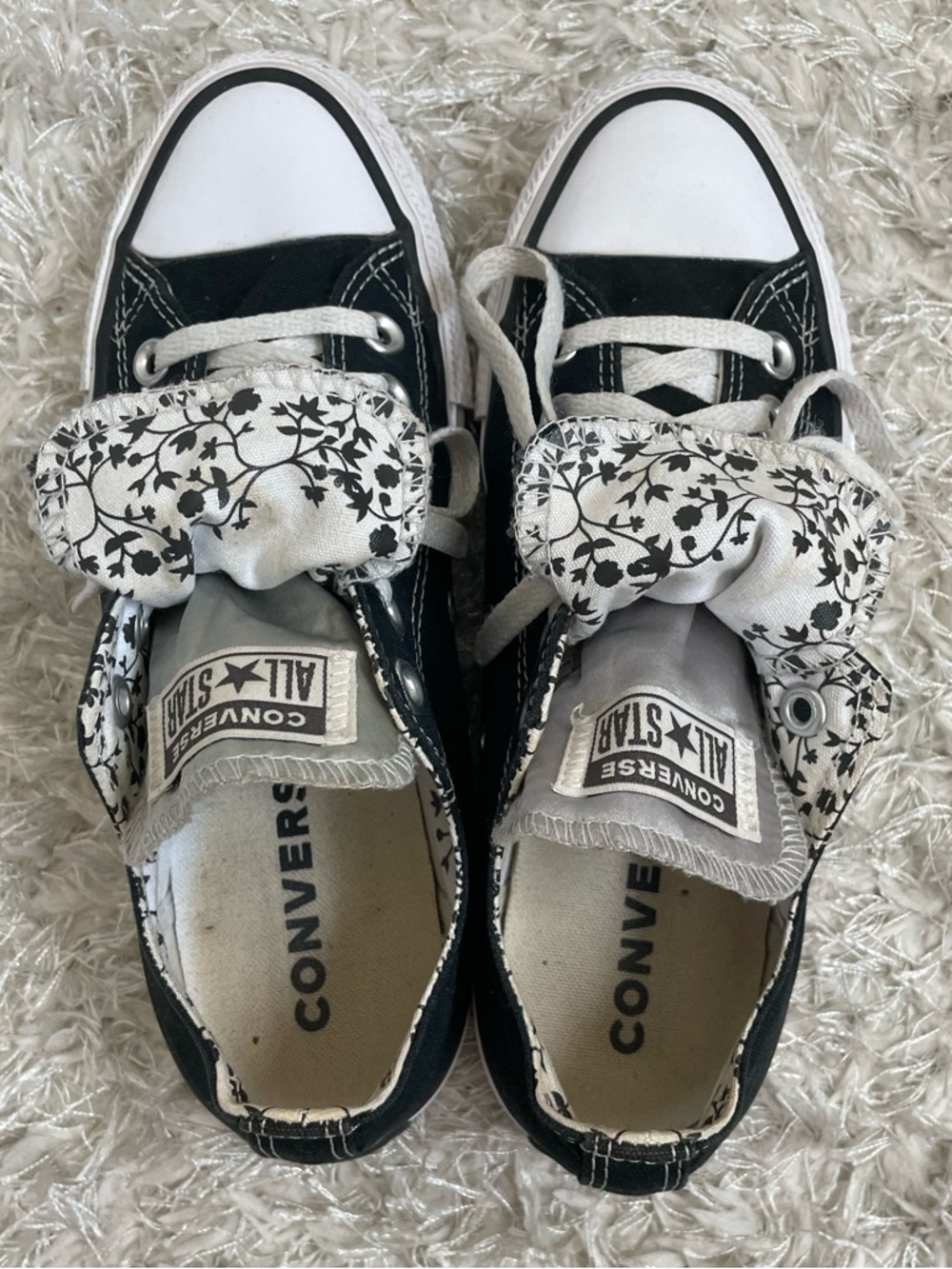 Converse Chuck Taylor All Star Low Top Sneakers Double Tongue Floral Black White - Picture 6 of 14